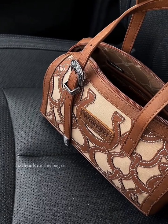 Wrangler Handbags - Wrangler Horseshoe Cutout Cream and Brown Embroidered Canvas Handbag
